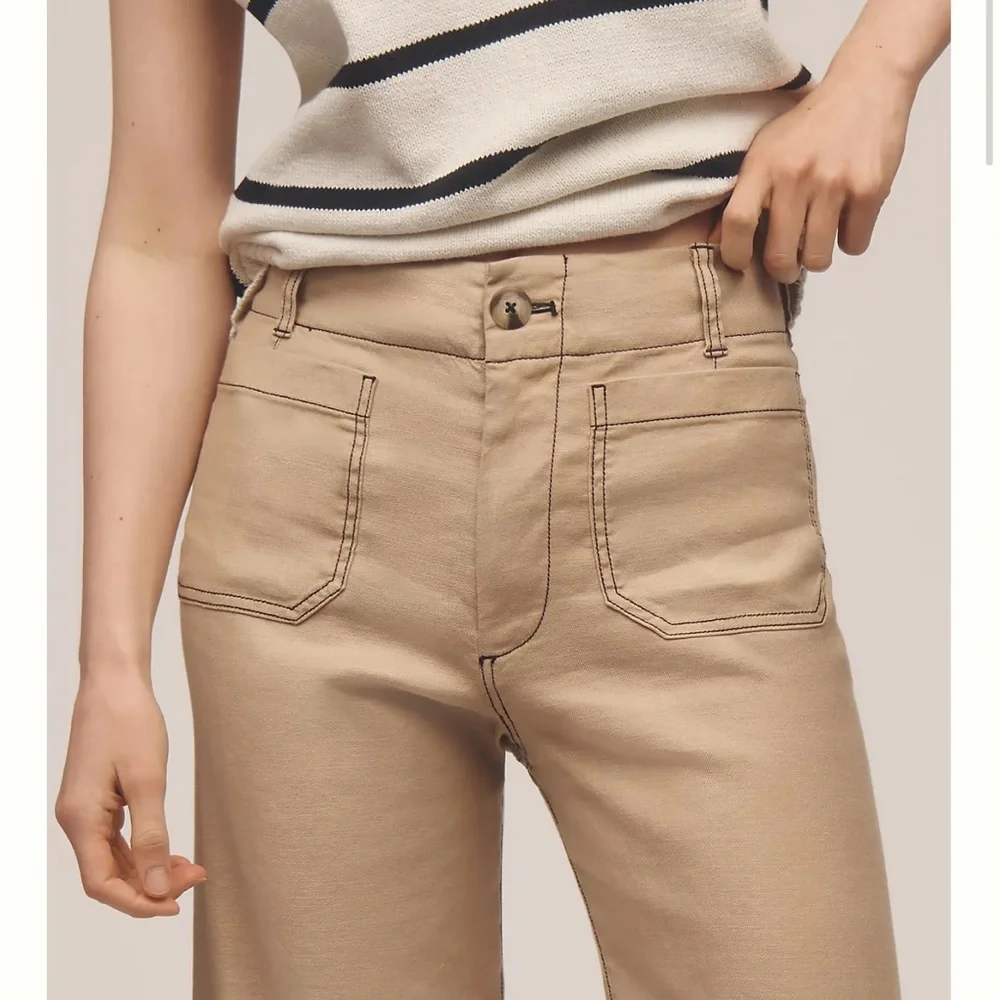 Anthropologie Maeve Colette Cropped Wide-Leg Pants Contrast-Stitch Linen Edition - Picture 4 of 5